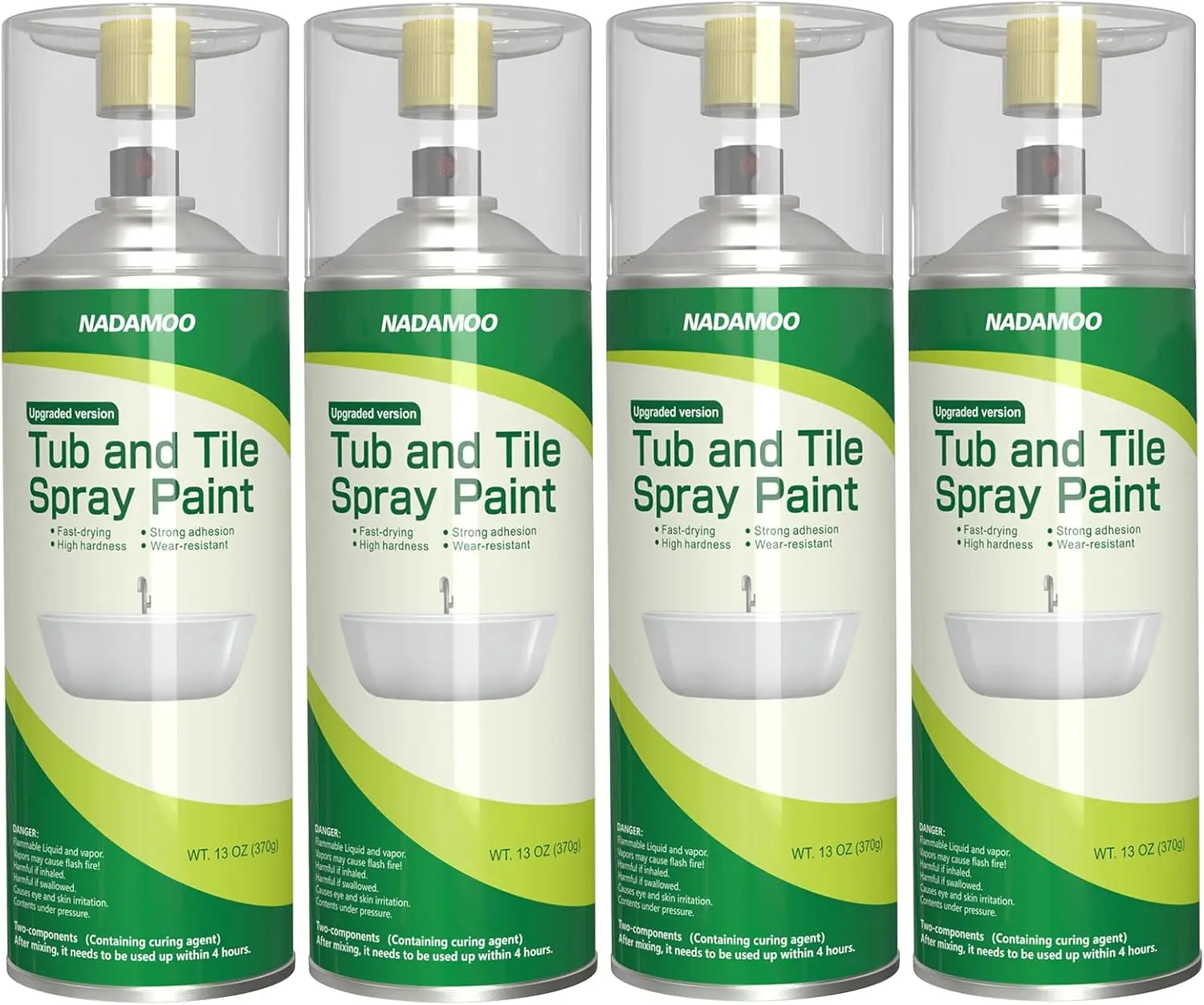 Nadamoo 2-Parts Tub And Tile Spray Paint, Enamel Aerosol Refinishing Paint For Bathroom Porcelain Bathtub Sink, 4 Cans,