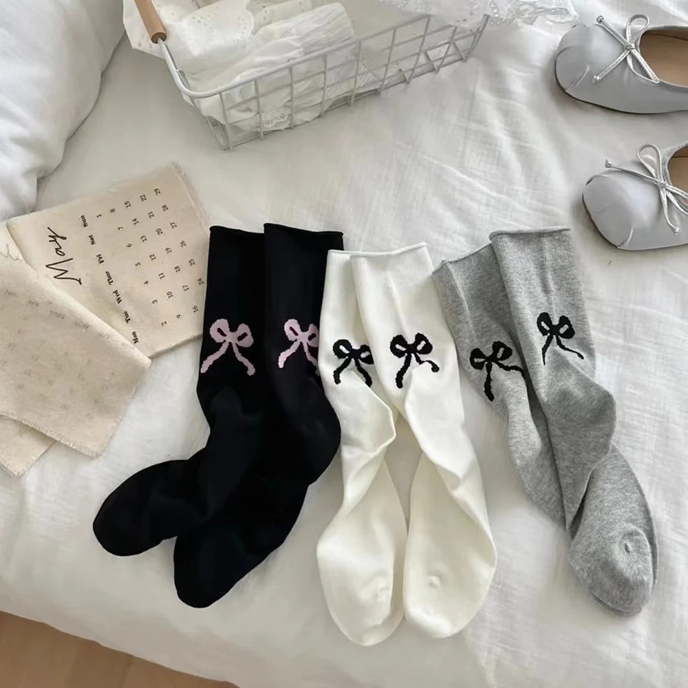 

Japanese Sweet Bow Long Socks For Girls Mid-tube Lolita Socks Y2K Ballet Style Fancy Casual Cotton Socks 2024 Designer Hosiery