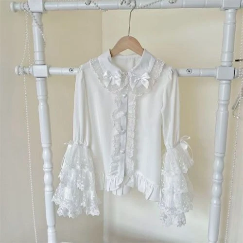 Y2K – chemises esthétiques gothiques Vintage pour femmes, hauts décontractés à manches longues, solides, chemises Lolita japonaises, chemisiers en dentelle avec nœud mignon Kawaii