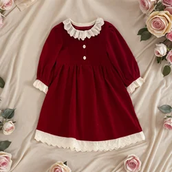 Christmas Party Dress Baby Girl Lace Princess Ruffle Satin Finish Dress Fashion Christmas Holiday Autumn Winter Wear Kids Girl