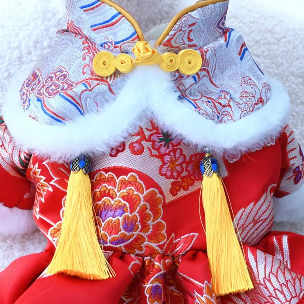 Beautiful Dog Skirt Tassel Design Ultra-Thick Pet Tang Suit Retro Chinese Style Pet Dog Cat Dress Clothing