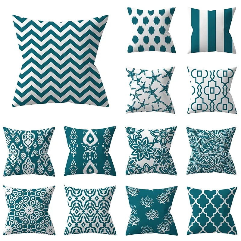 

45x45cm Teal Blue Leaves Flower Plants Pillowcase Custom Wave Geoemtric Cushion Cover Sofa Throw Waist Pillow Case Home Decor