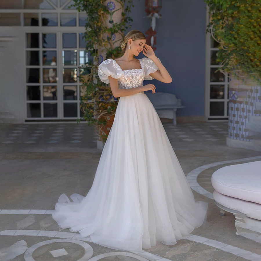 

Customized Off Shoulder Lace Appliques Short Ruff Sleeves Glitter Wedding Dress Peals Belt Backless Zipper Buttons Bridal Gown
