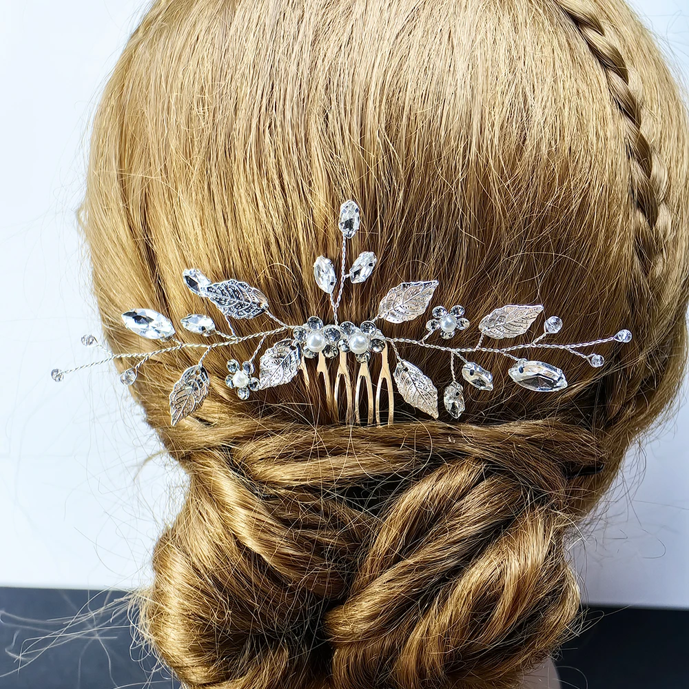 Leaf bridal wedding crystal hair comb rhinestone pearl bridal hair piece flower headdress suitable for women and girls