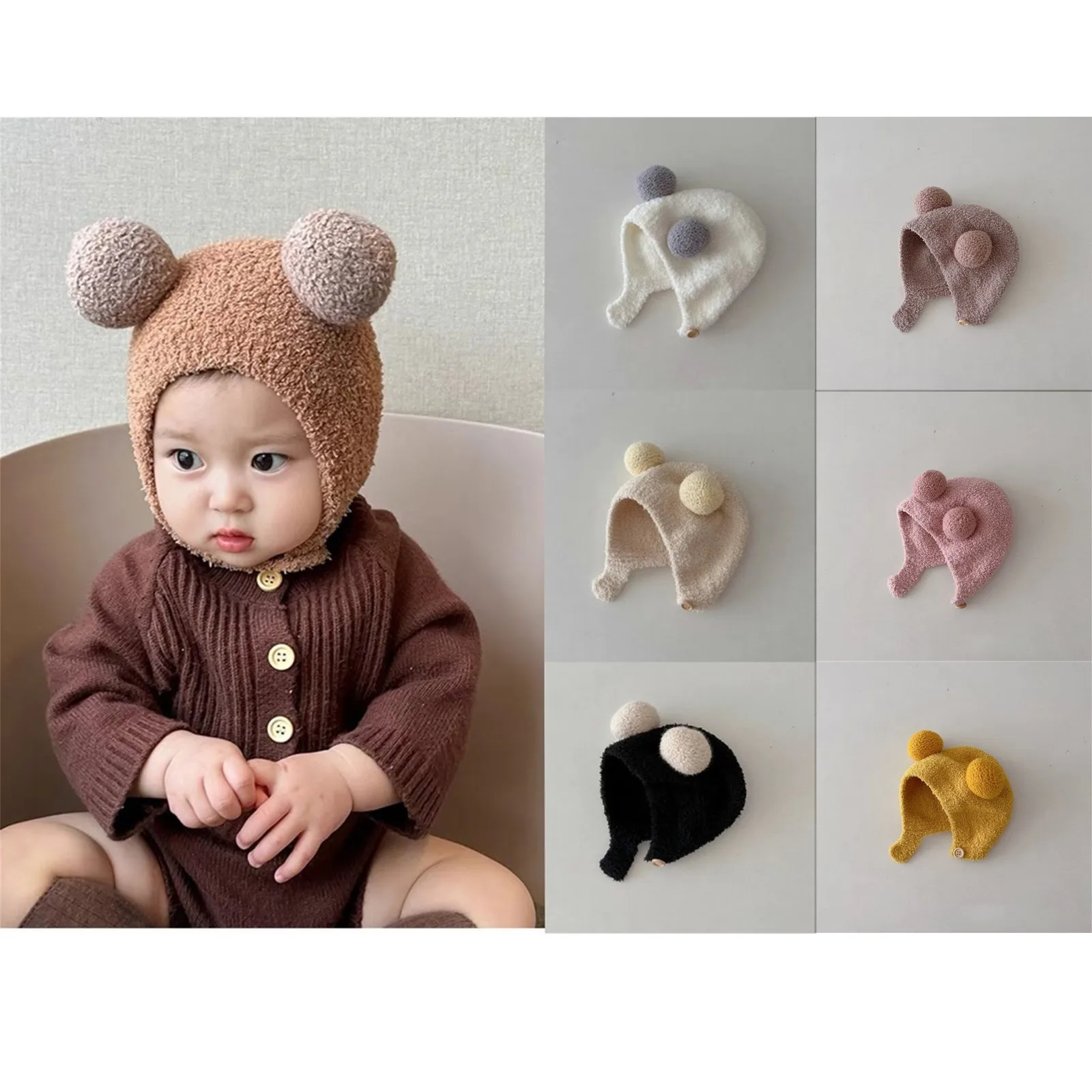 Cute Baby Hats Winter Warm Kids Girl Boys Fleece Wool Hemming Caps With Ball Solid Wool Ear Protection Hats Soft Newborn Bonnet