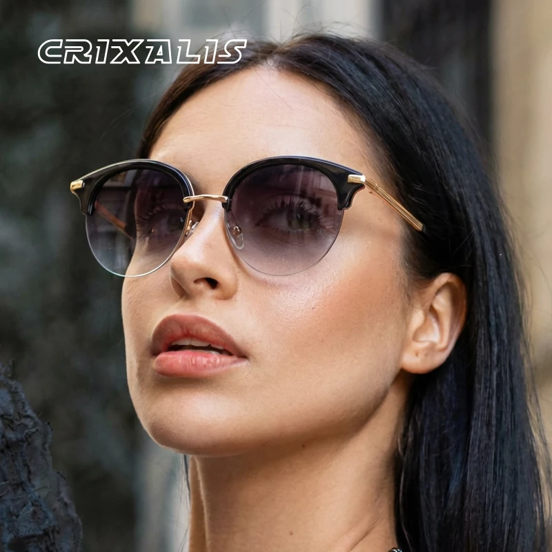 CRIXALIS Halbrahmen Sonnenbrille Frauen Vintage Runde Trendy Metall Reise Strand Angeln Fahren Spiegel Sonnenbrille Weibliche UV400