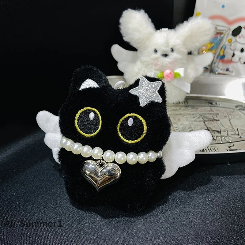 【E】Cute Angel Little Black Cat Little Milk Dog Plush Doll Pendant Backpack Hangings Decoration