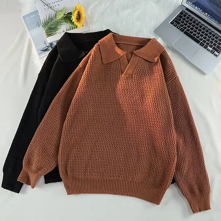 

Men Polo Collar Knitted Sweater Long Sleeve Pullovers Loose Fit Jumpers Solid Streetwear Sweaters 2025 New Winter Slight Strech