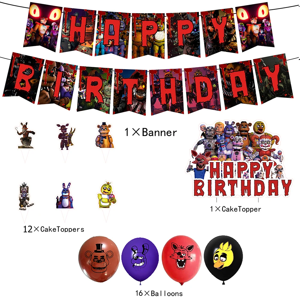 FNAF Puntelli per la impostazione della scena Five Nights at Freddy's Party Stoviglie Banner Topper Bandiera appesa Simpatici palloncini Decorazione di compleanno