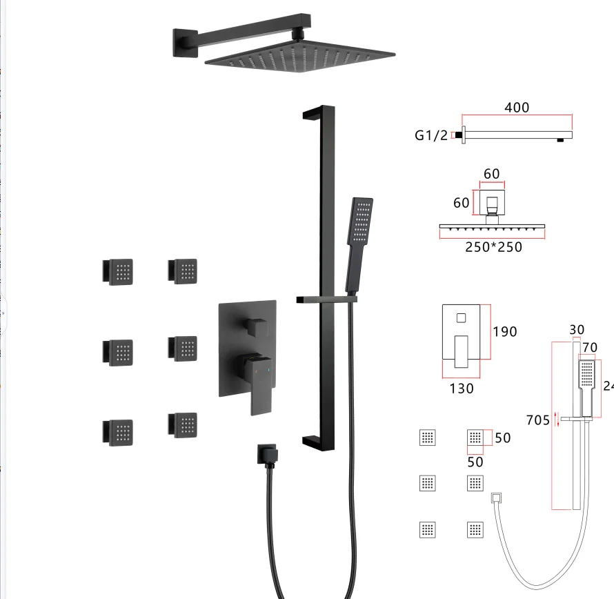 Homedec 10 Inch Black Stainless Steel New Shower System Rain Pattern Square Hand Shower With Ceramic Valve Core For Children