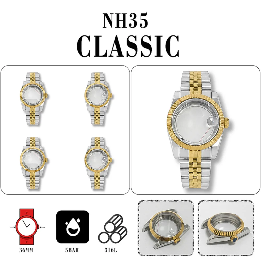 36mm Oyster Perpetual/Fluted Bezel Case Transparent Bottom Sapphire Glass Jubilee Bracelet For NH35/NH36/4R Movement