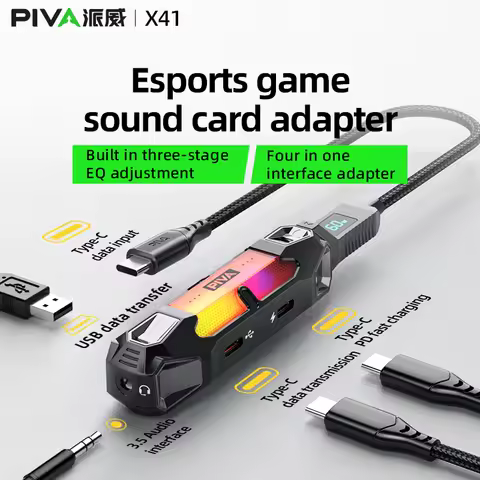 PIVA 4 in 1 Game Sound Card Adapter Docking Station Type-C PD60W DAC 32bit/384kHz 3.5MM USB2.0 3-stage EQ Tuning RGB for PUBG
