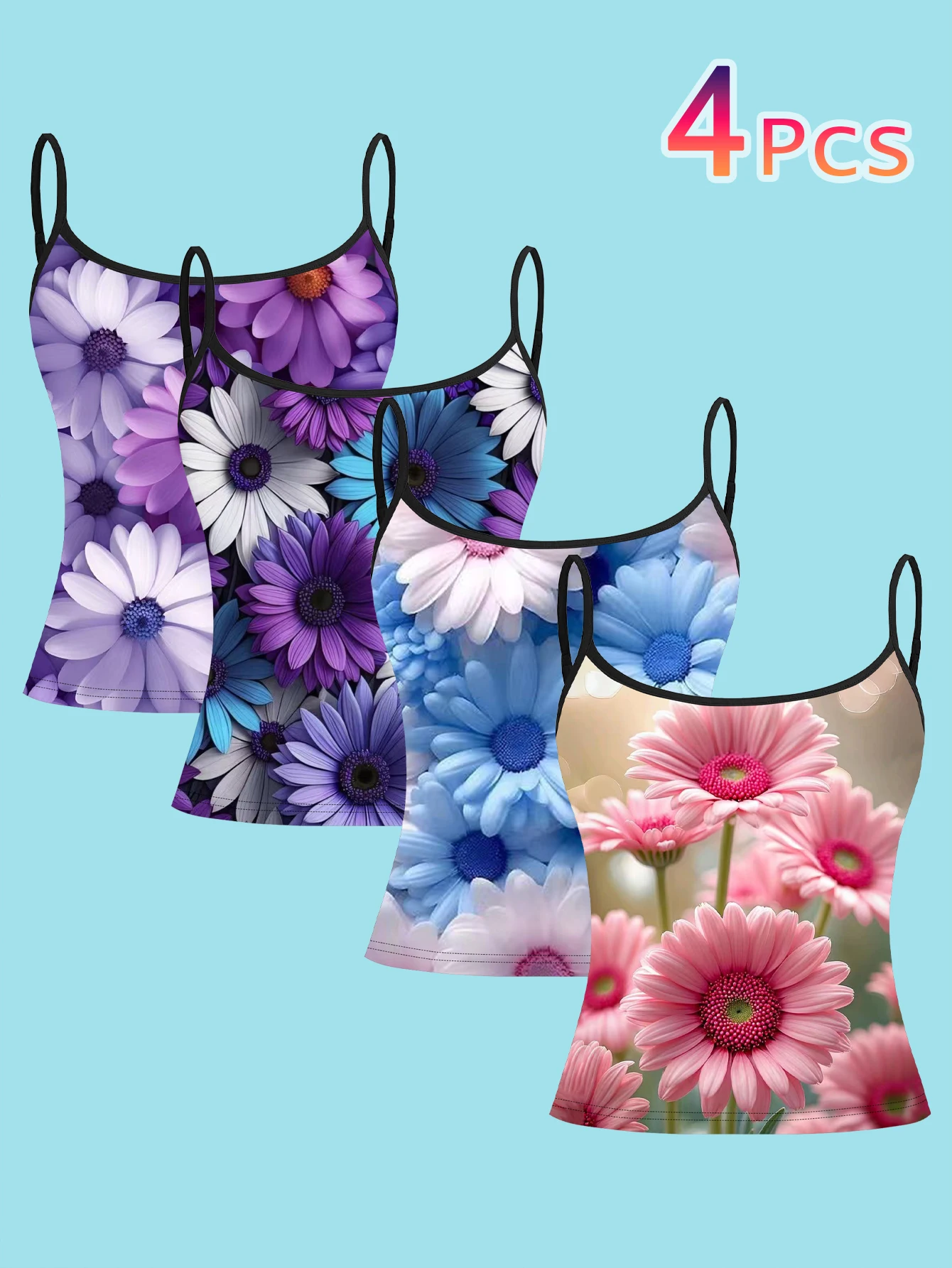 4-Piece Set of Purple, Blue, and Pink Gerbera Floral Print Camisoles, Realistic Large Gerbera Flower Design, Women's Slim-Fit Spaghetti Strap Sleeveless Tops for Outerwear or Layering