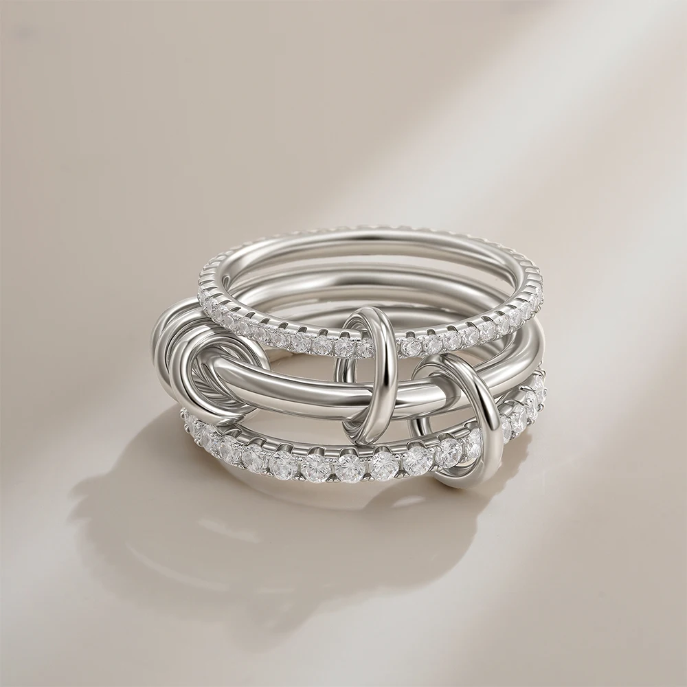 

Silver Color Three-layer Stackable Finger Rings for Women Exquisite Cubic Zirconia Gold Plated Connecting Ring Party Jewelry