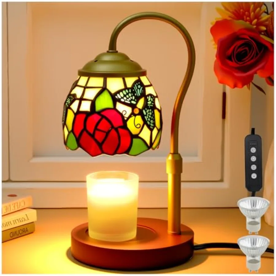 

Candle Warmer Lamp with Timer Dimmer, Tiffany Style Stained Glass Candle Lamp Warmer, Adjustable Wax Melt Warmer with 2 Bulbs f
