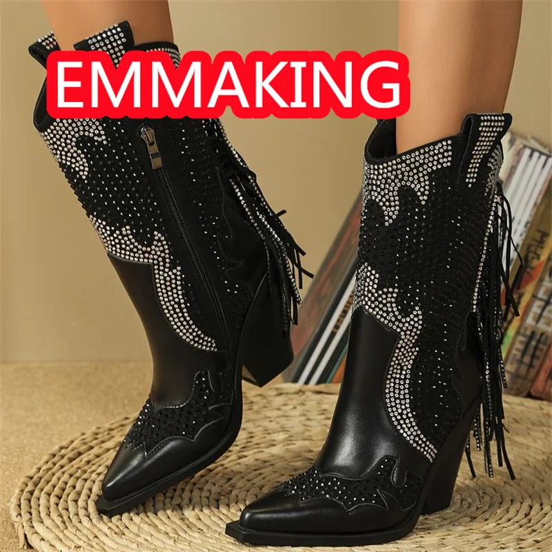 أسود الراين شرابات إسفين الشتاء حذاء من الجلد النساء أشار تو موضة المدرج أحذية السيدات الحفلات عالية الكعب حجم 44