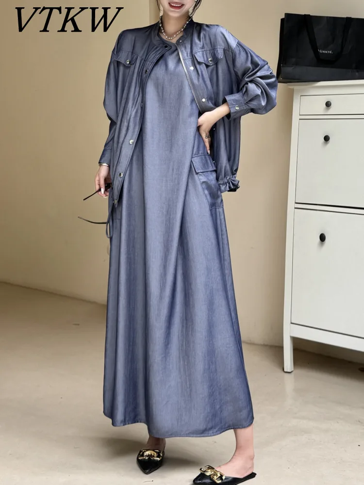 

VTKW Blue Coat Loose Versatile Long Dress 2025 Spring Style For Ladies. High-quality Design Two-piece Set With Versatile Appeal.