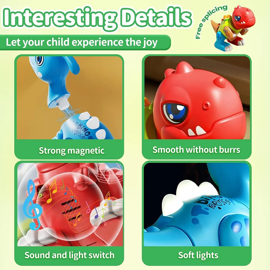 Magnetische dinosaurusspeelgoedset voor kinderen DIY magnetische mix of match Dino-speelgoed met lichtgeluiden STEM educatief speelgoed magnetische blokken