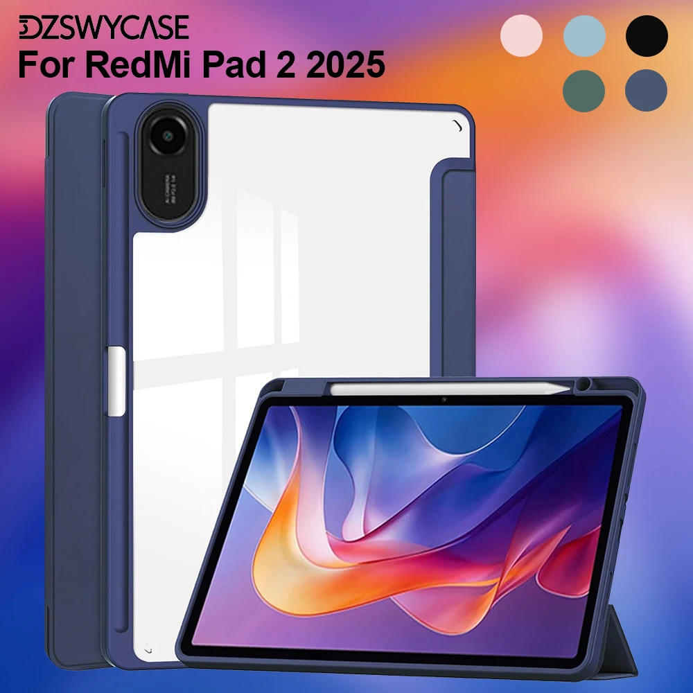 Case for Redmi Pad 2 (11 inch) 2025, Trifold Stand Case with Pencil Holder, PU Leather Clear Transparent Back Cover