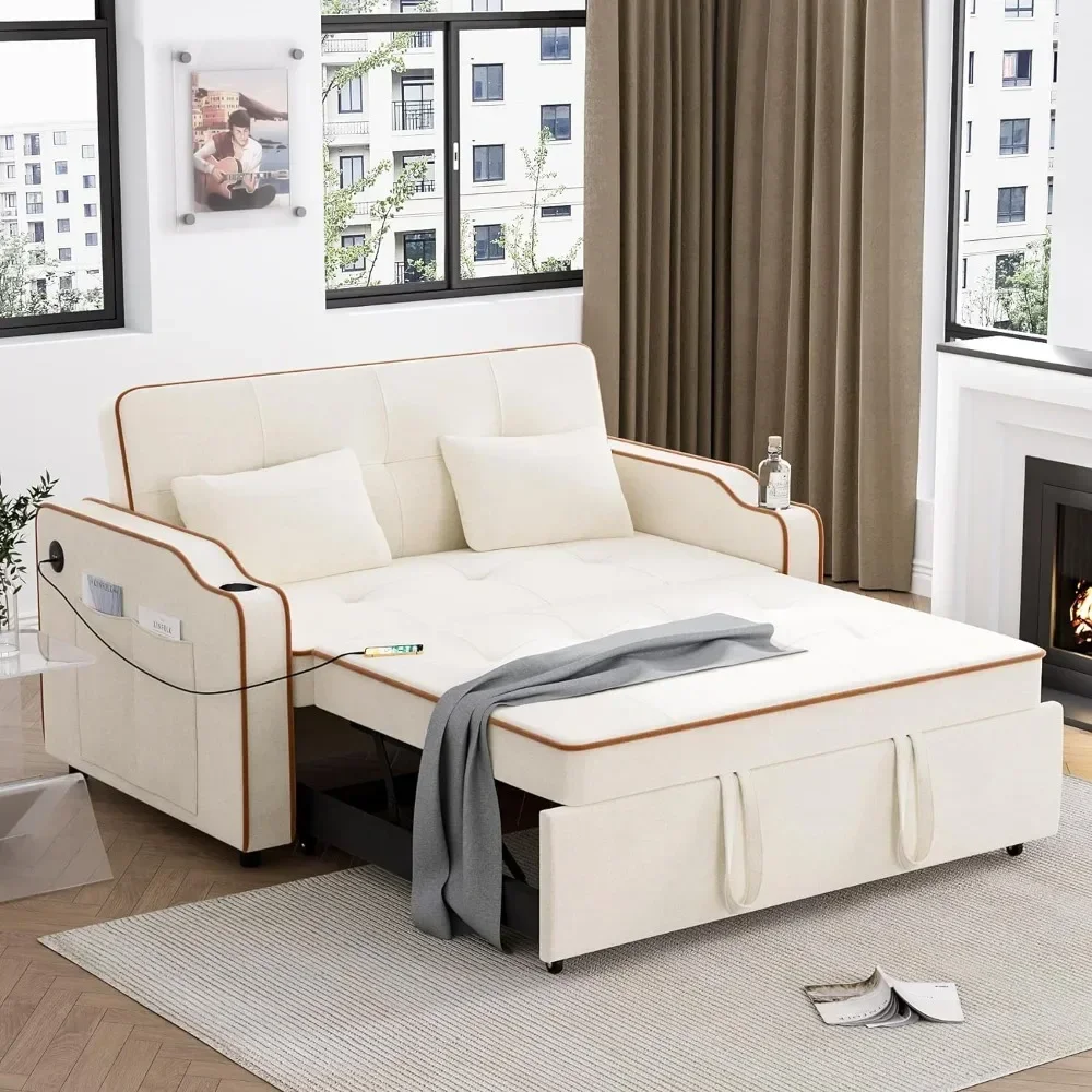 Convertible Futon Sofa Bed Velvet 3 in 1 Pull Out Couch Bed with Adjustable Backrest for Living Room Sofa with 2 Seats