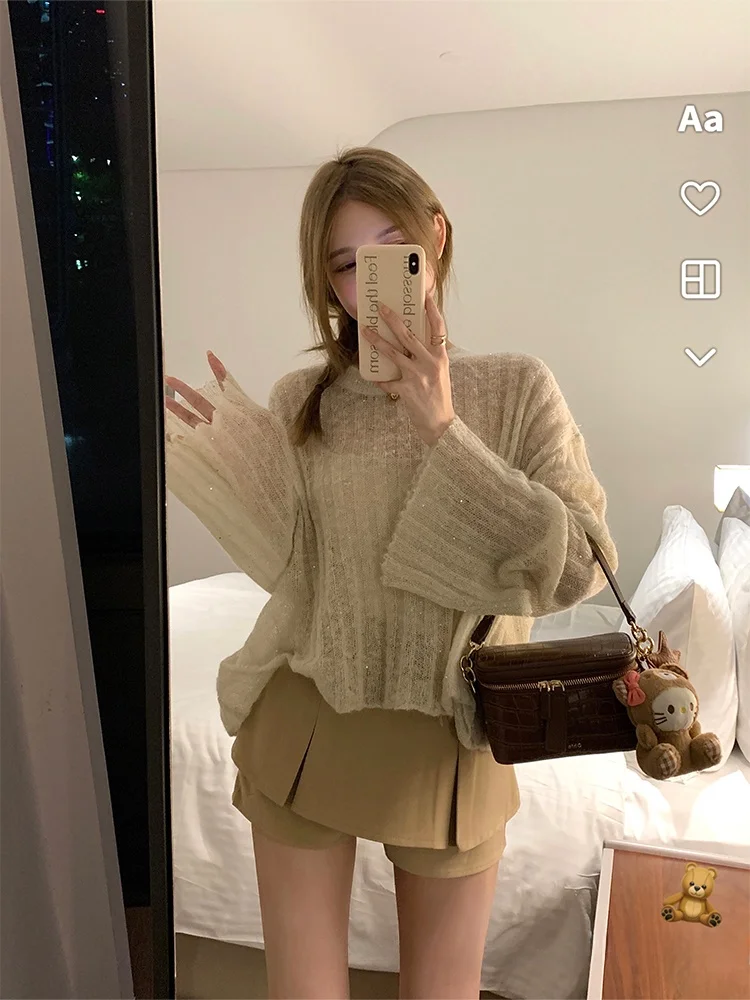 

NAYACHAN Women's Loose Knitted Sweater Hollow out Camere Thin Sle round Ne Long Sve Comfortable Fit Autumn Winter