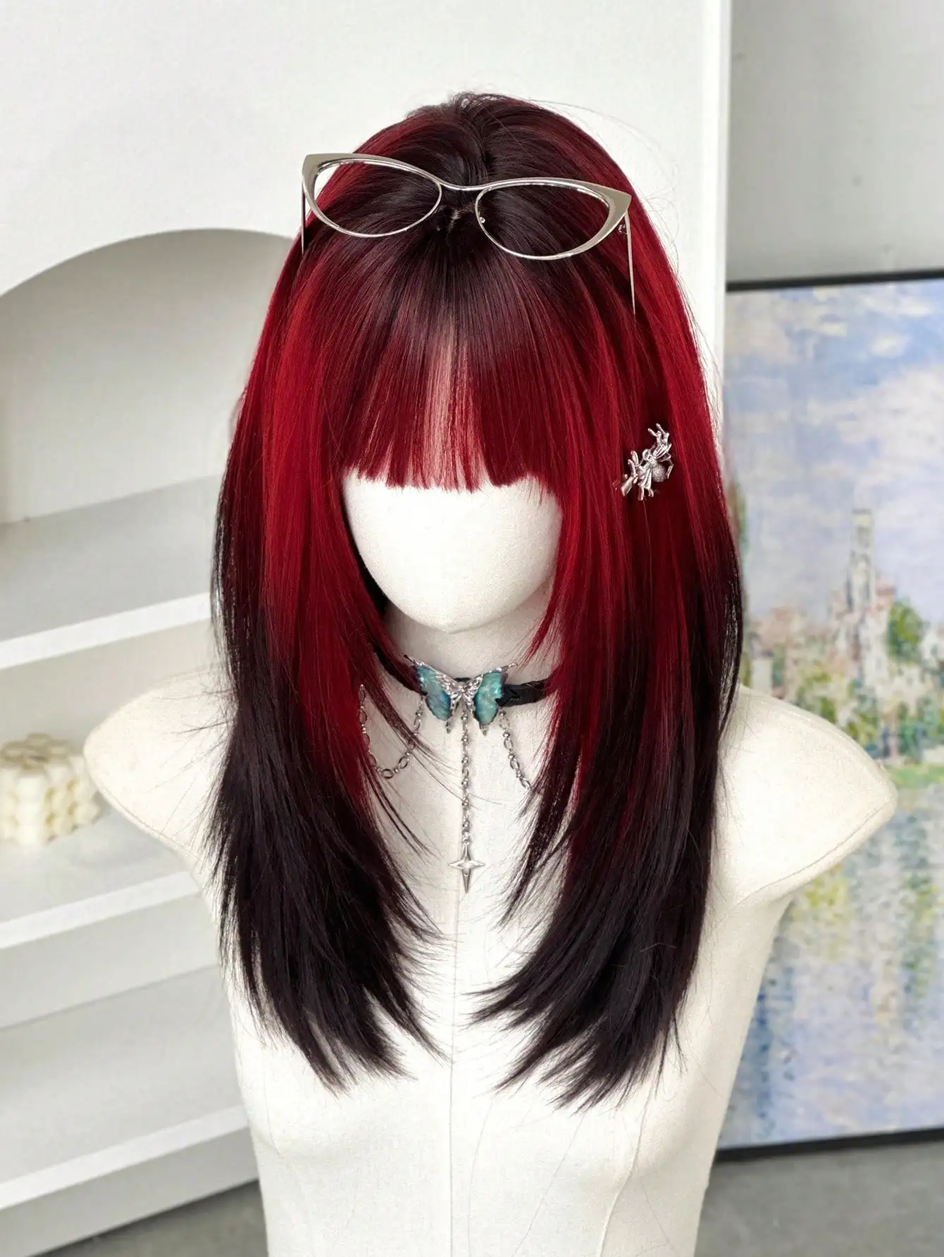 20 بوصة أحمر أومبير أسود طويل شعر مستعار مستقيم للنساء شعر مستعار اصطناعي رائع مع الانفجارات جذور داكنة شعر مستعار للفتيات الموضة #4