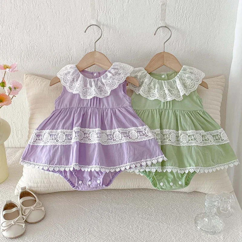 

2026 New Summer Toddler Baby Girls Jumpsuit Sleeveless Cotton Lace Splicing Newborn Baby Girl Romper 0-24M Baby Girl Clothing