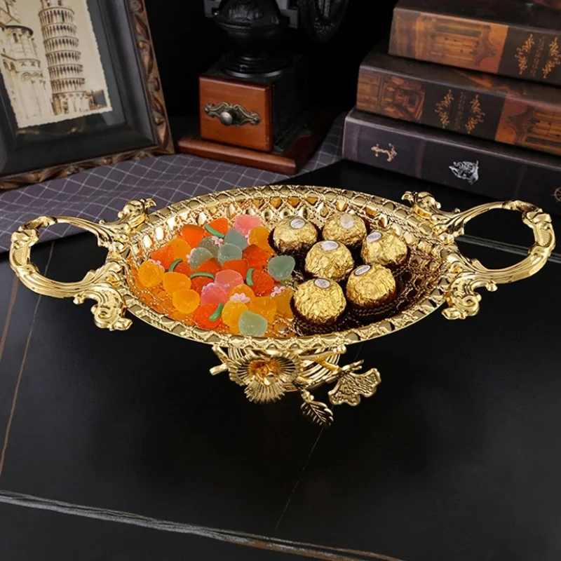 European Vintage Iron Art Metal Fruit Tray Gold round Serving Plate Home Living Room Decor Kitchen Storage Dish view 3