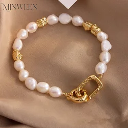 Natural Baroque Freshwater Pearl Bracelet Elegant Gold Color Charms Bangles for Women Luxury Personality Jewelry