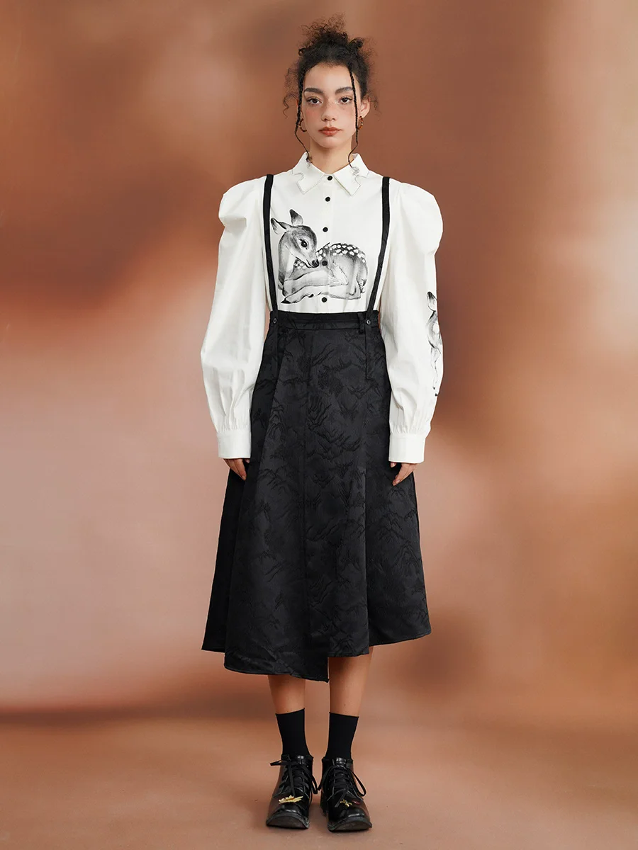 Spring Autumn Original Design Women Black Asymmetrical Jacquard Skirt