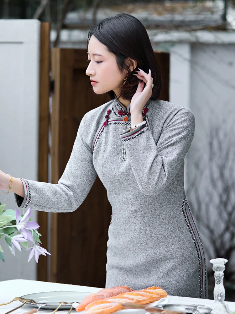

Ele Винтажное длинное платье Ципао с двойными лацканами и шерстяной тканью marki Fuxia, китайская повседневная одежда, теплая длинная све Dr