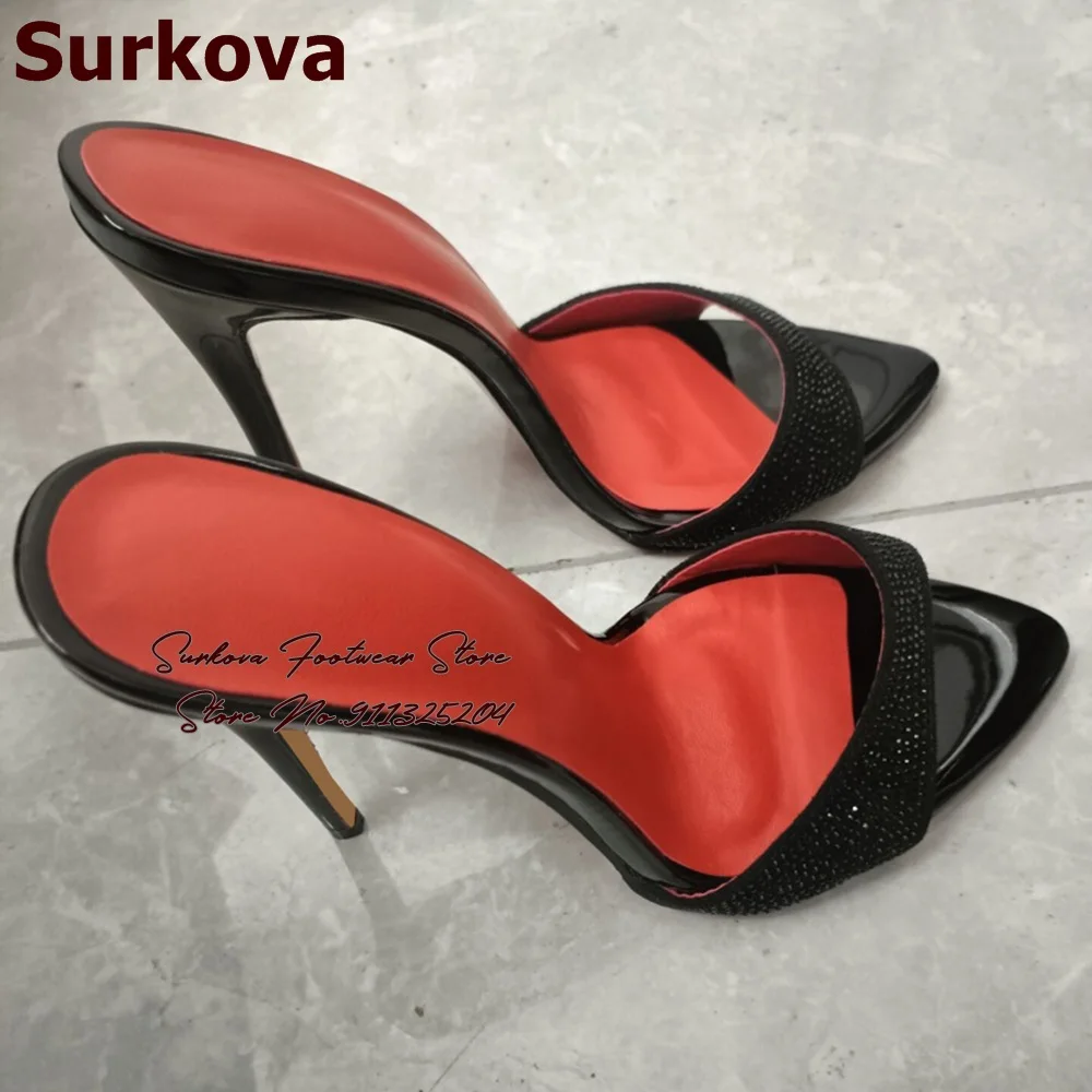 Surkova Black Crystal Bling Bling Slip-On Modern Slippers Stiletto Heel Pointed Toe Shallow Sandals Patchwork Rhinestone Mules