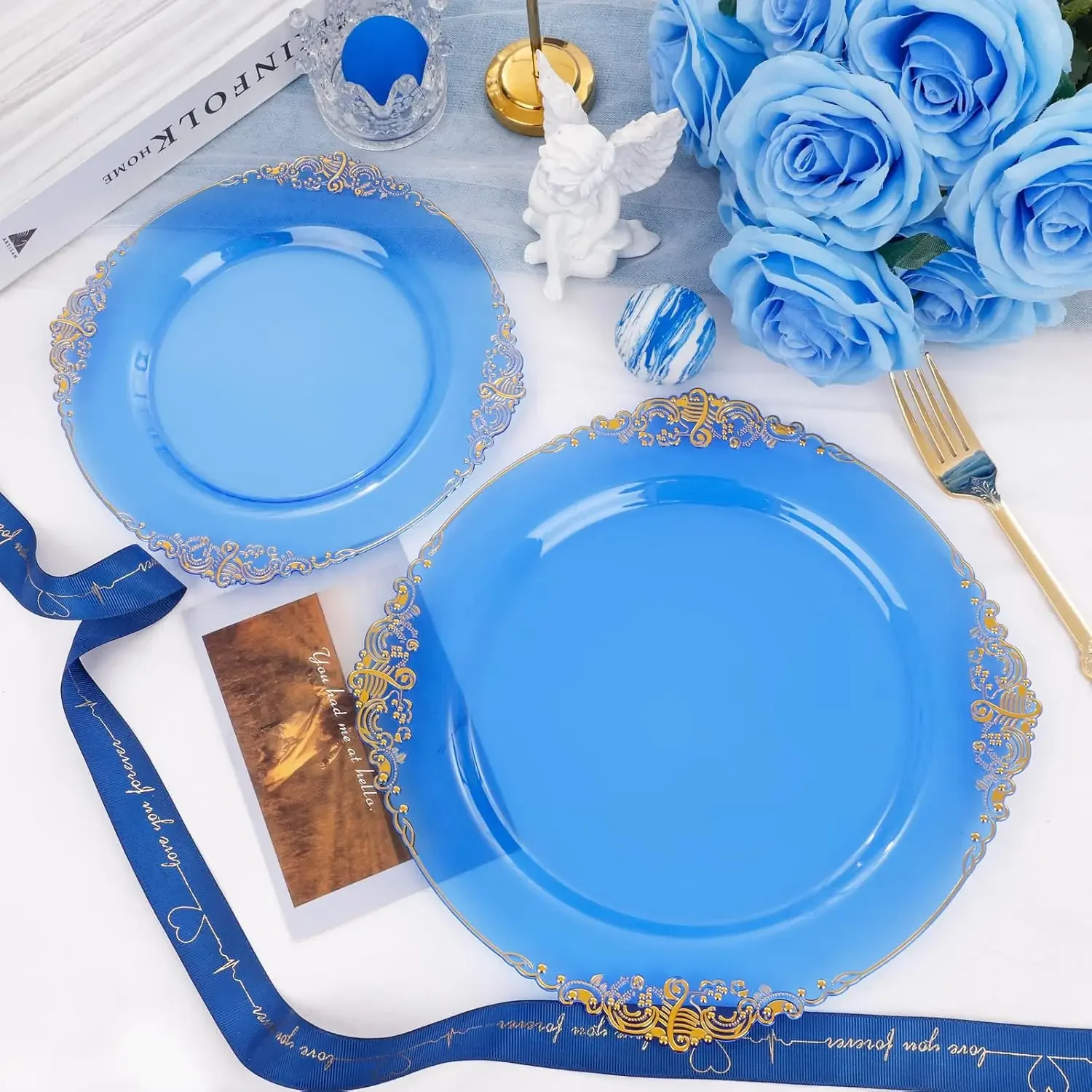 

Plates - Royal Gold Disposable Plates - Clear Blue Part Include 51PCS 7.5inch Dessert Plates