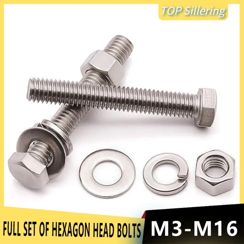 4 In1 Set Full Thread 304 Stainless Steel External Hex Hexagon Screw Nut Flat Washer Spring Washer Gasket Combination Bolt