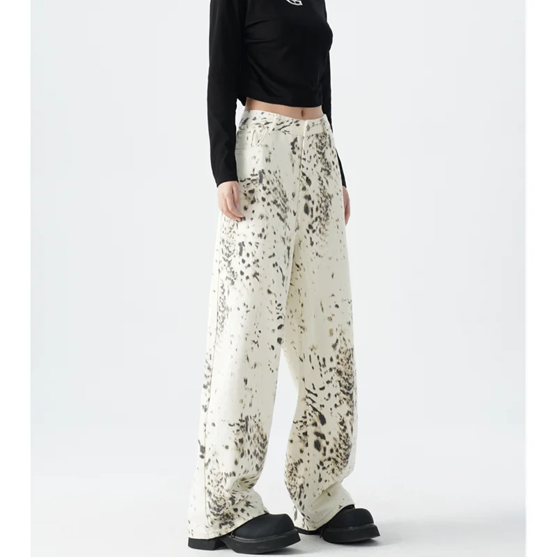 American Retro High Street Casual Leopard Print Loose Wide Leg Pants for Women Y2k Hip-hop Ultra-High Baggy Boyfriend Trousers