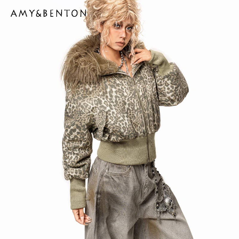 

American Retro Dedign Fur Collar Hooded Women's Cotton Jacket Autumn Winter New Hot Girl Leopard Print Denim Short Coats Ladies