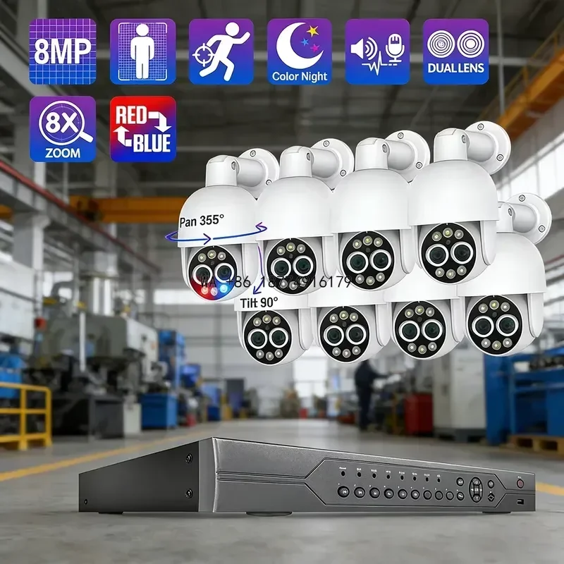 wmwmnu 16CH 4+4MP 8X Zoom PTZ POE Security System 2.8mm+12mm Dual Lens Two Way Audio Auto Tracking Video Surveillance