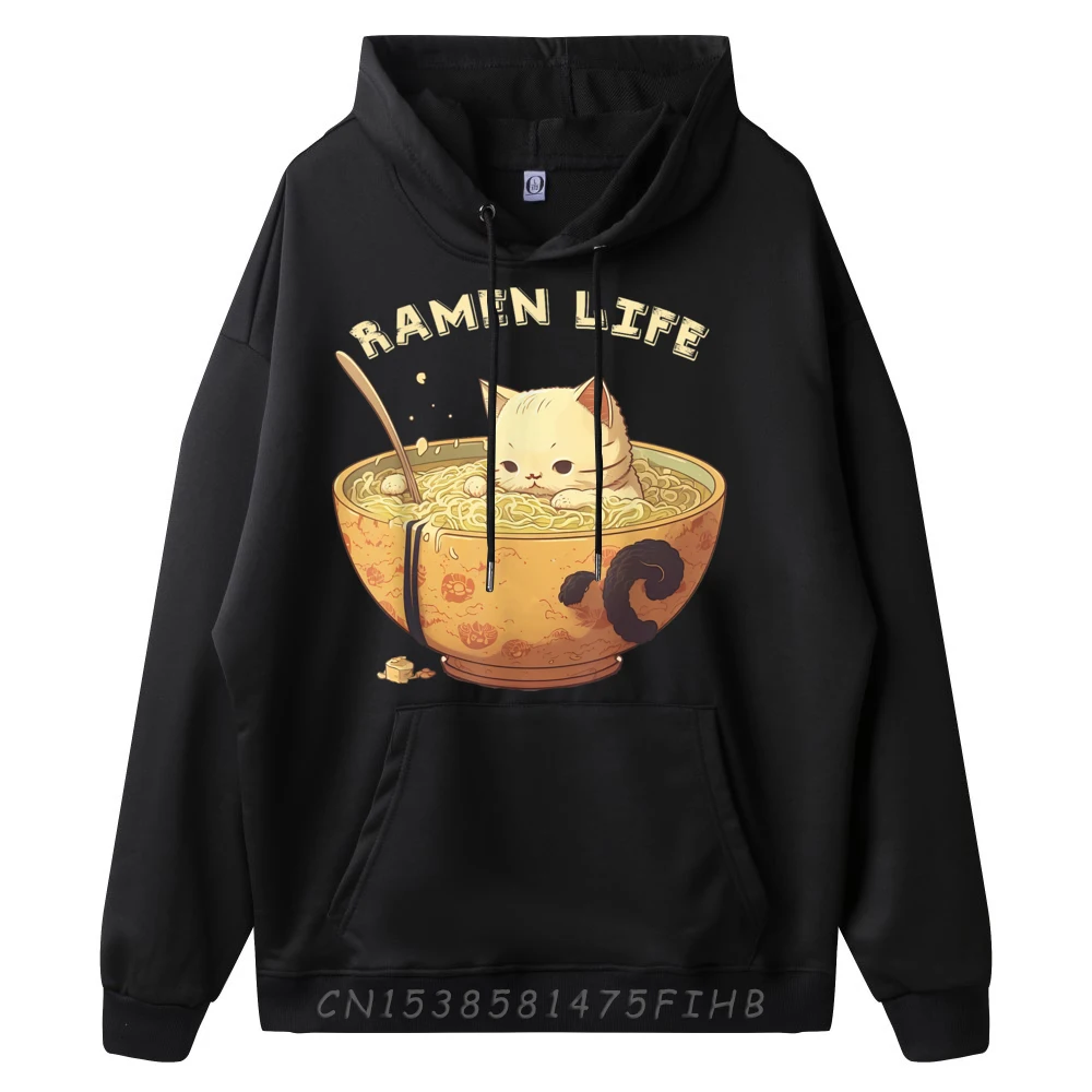 Retro Ramen Bowl Cute Cat Japanese Aesthetics Pullover Hoodies For Men Male Camisas De Hombre Korean