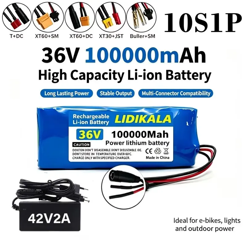 Pacco batteria ricaricabile agli ioni di litio LIDIKALA 10S1P 36V 100Ah 18650 con BMS integrato, supporta motori da 250W-1000W, batteria di alimentazione fai-da-te con caricabatterie 42V 2A