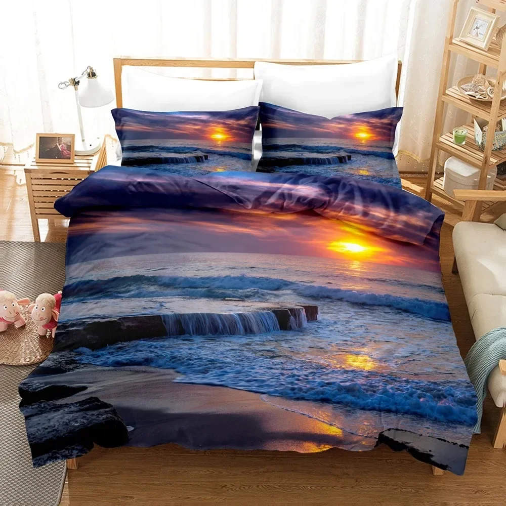 Purple Sunset Tropical Beach Holiday Comfortable Duvet Cover Pillowcase Bedding Set Children Bedroom Decoration Home Textile