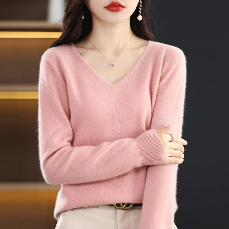 autumn and winter New 100% Merino wool cashmere sweater women\'s sweater  knitted V-neck pullover solid color fashion loose top