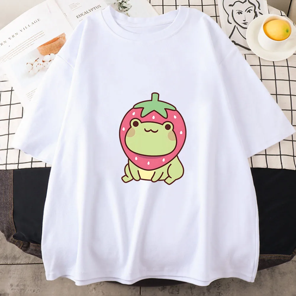 

Sweet Strawberry Frog Print Summer Men/Women O-Neck T-shirt Casual Cotton Short Sleeve Fashion Streetwear Cartoon Clothes Y2k