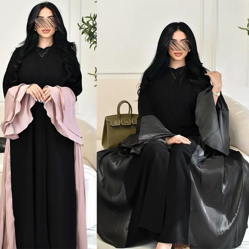 

Eid Shiny Satin Open Abaya with Ruffled Sleeves Kimono Muslim Abayas for Women Dubai Turkey Islamic Modest Clothing Caftan Dress