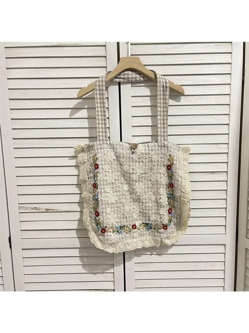 المرأة خمر منقوشة الدانتيل والتطريز حقائب كتف واحدة حقائب اليد النسائية لينة الأزهار القطن حقيبة سعة كبيرة