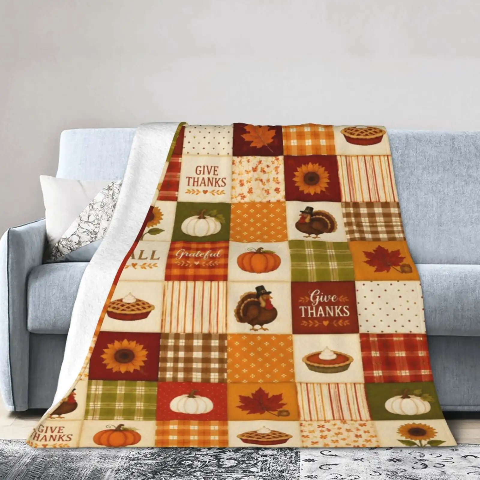 Thanksgiving Turkey Pumpkin Blanket, Orange Checkered Fall Fleece Throw Blankets, Cozy Lightweight Soft Fall Autumn Gift