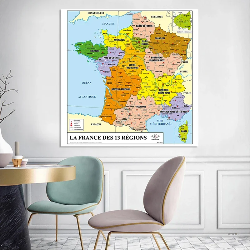 Póster de pared de 150x150cm, lienzo no tejido, impresión del mapa política de Francia, suministros para el aula, decoración del hogar