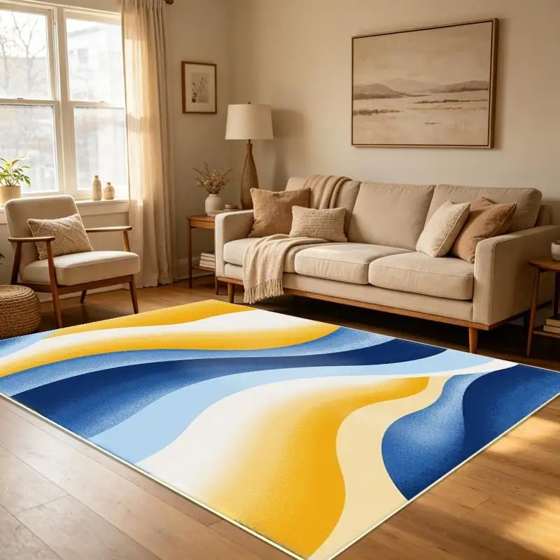 Modern Blue Yellow Abstract Area Rug Flowing Curve Living Room Bedroom Home Office Decor