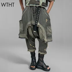 WTHT Vintage Trendy Women's Irregular Patchwork Hole Loose Jeans 2024 Winter Elastic Waist Harem Denim Pants Female 1LS492