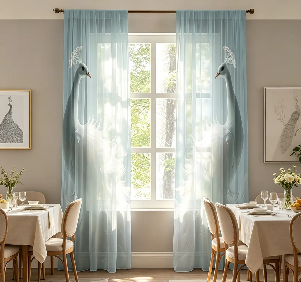 2PCS Digital Printing Sheer Curtain, Elegant White Peacock Feather Pattern, Luxury Noble Gorgeous Living Room Home Decor