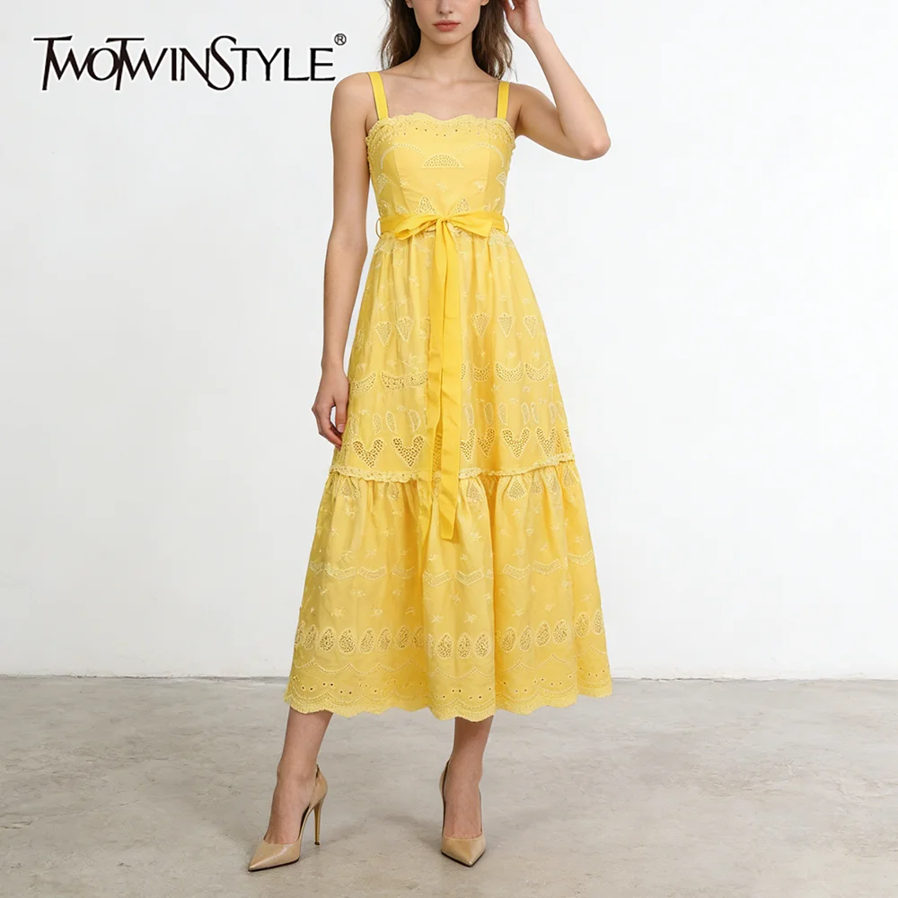 

TWOTWINSTYLE Yellow Loose Spliced Hollow Out Dresses for Women Square Collar Sleeveless French Elegant Dress Female Summer New